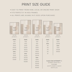 May include: Print size guide for art prints. The guide shows five different aspect ratios and the corresponding sizes in inches and centimeters. The guide also includes a note about custom sizes.