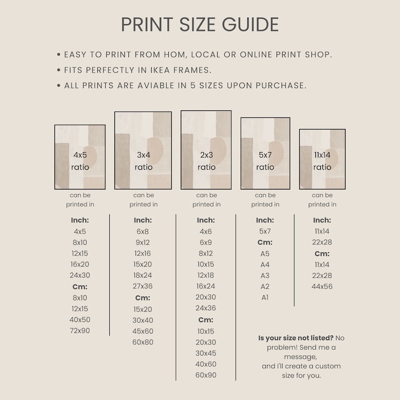 May include: Print size guide for art prints. The guide shows five different aspect ratios and the corresponding sizes in inches and centimeters. The guide also includes a note about custom sizes.