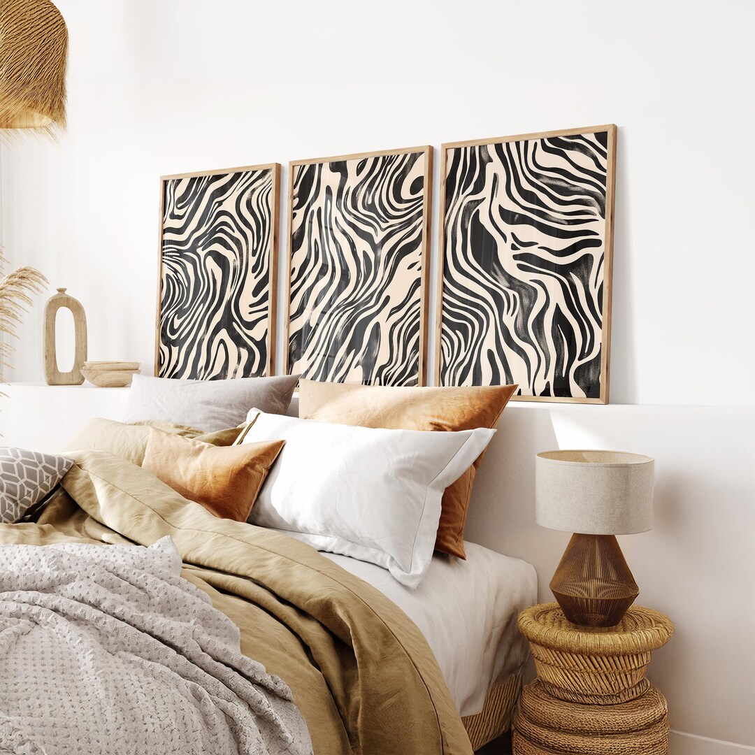 Modern Simple Zebra Gallery Wall Art Set of 3 - Black & Beige Abstract ...