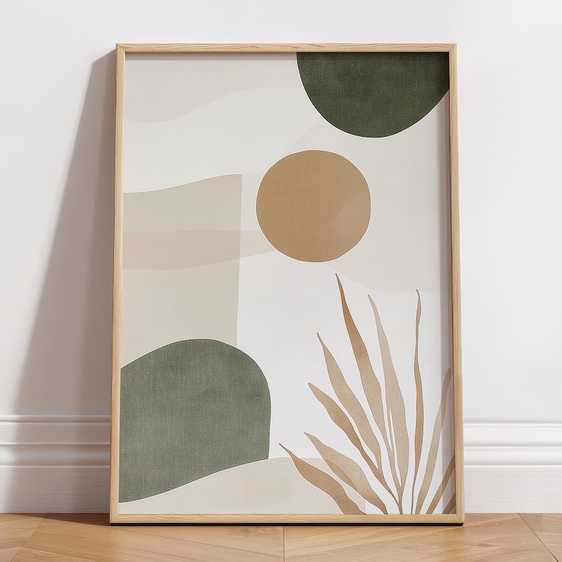 May include: Abstract art print with a brown, green, and beige color scheme. The print features a large circle, a smaller circle, and a leaf-like shape.