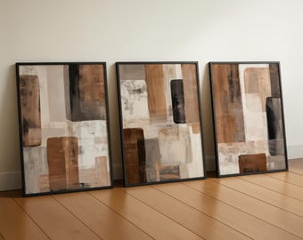 ニュートラルな抽象的なウォールアートプリント3枚セット、ブラウンとベージュのウォールアート、大きな抽象的なウォールアート、3ピースのウォールアートセット、ボヘミアンモダンリビングルーム