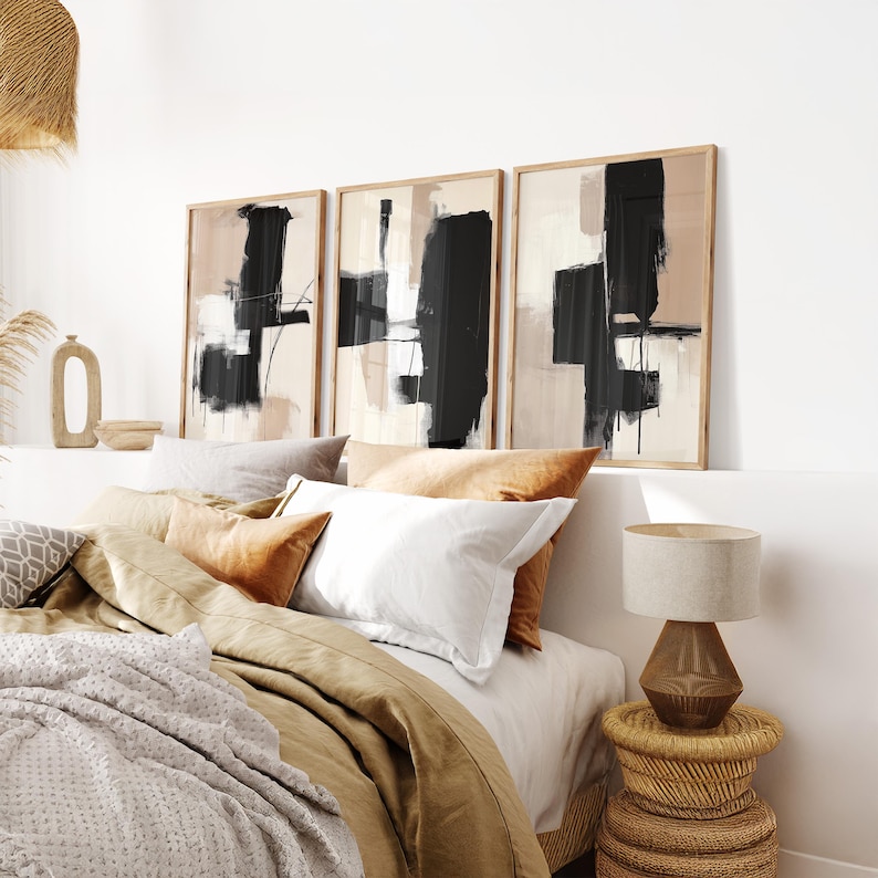 3 Piece Wall Art, Abstract Modern Wall Art, Set of 3 Black and Beige ...