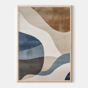 Pode incluir: Impress&atilde;o de arte abstrata com um design moderno que apresenta formas org&acirc;nicas em tons de marrom, bege e azul. A impress&atilde;o &eacute; emoldurada em uma moldura de madeira clara.