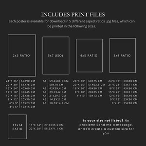 Op de afbeelding: Een tabel met verschillende beeldverhoudingen voor digitale prints, met afmetingen in inches en centimeters. De tabel bevat de volgende beeldverhoudingen: 2x3, 5x7, 4x5 en 3x4. De tabel bevat ook de volgende tekst: "INCLUDES PRINT FILES", "Elke poster is beschikbaar om te downloaden in 5 verschillende beeldverhoudingen .jpg-bestanden, die in de volgende maten kunnen worden afgedrukt.", "Is uw maat niet vermeld? Geen probleem! Stuur me een bericht, en ik maak een aangepaste maat voor u."