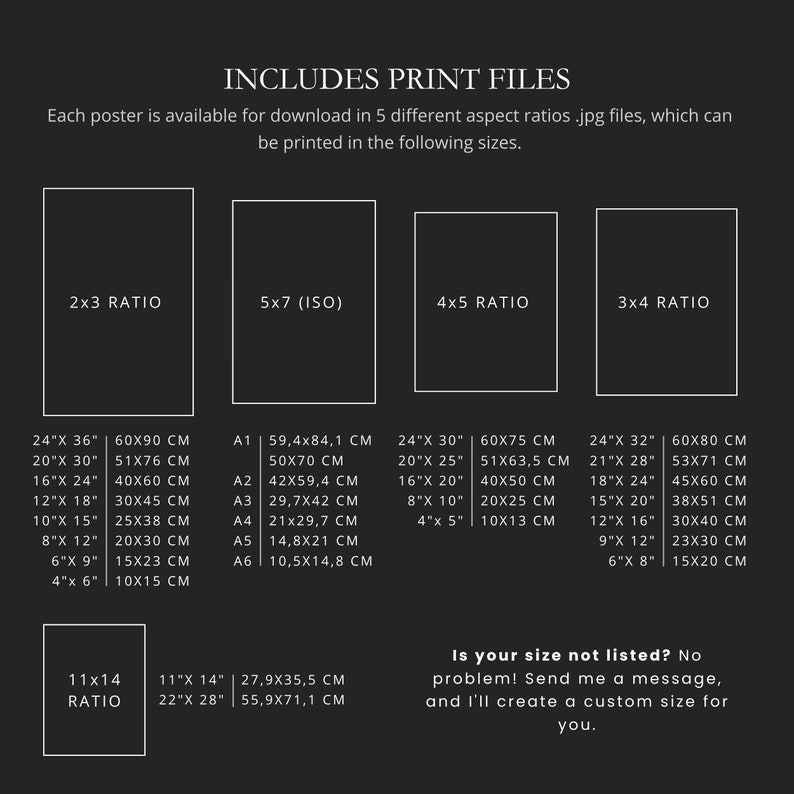 Op de afbeelding: Een tabel met verschillende beeldverhoudingen voor digitale prints, met afmetingen in inches en centimeters. De tabel bevat de volgende beeldverhoudingen: 2x3, 5x7, 4x5 en 3x4. De tabel bevat ook de volgende tekst: "INCLUDES PRINT FILES", "Elke poster is beschikbaar om te downloaden in 5 verschillende beeldverhoudingen .jpg-bestanden, die in de volgende maten kunnen worden afgedrukt.", "Is uw maat niet vermeld? Geen probleem! Stuur me een bericht, en ik maak een aangepaste maat voor u."