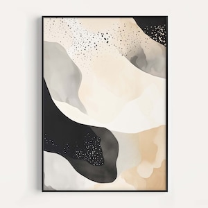 Op de afbeelding: Abstracte kunstprint met zwarte, witte en beige vormen en een gespikkeld patroon. De print is ingelijst in een zwart frame.