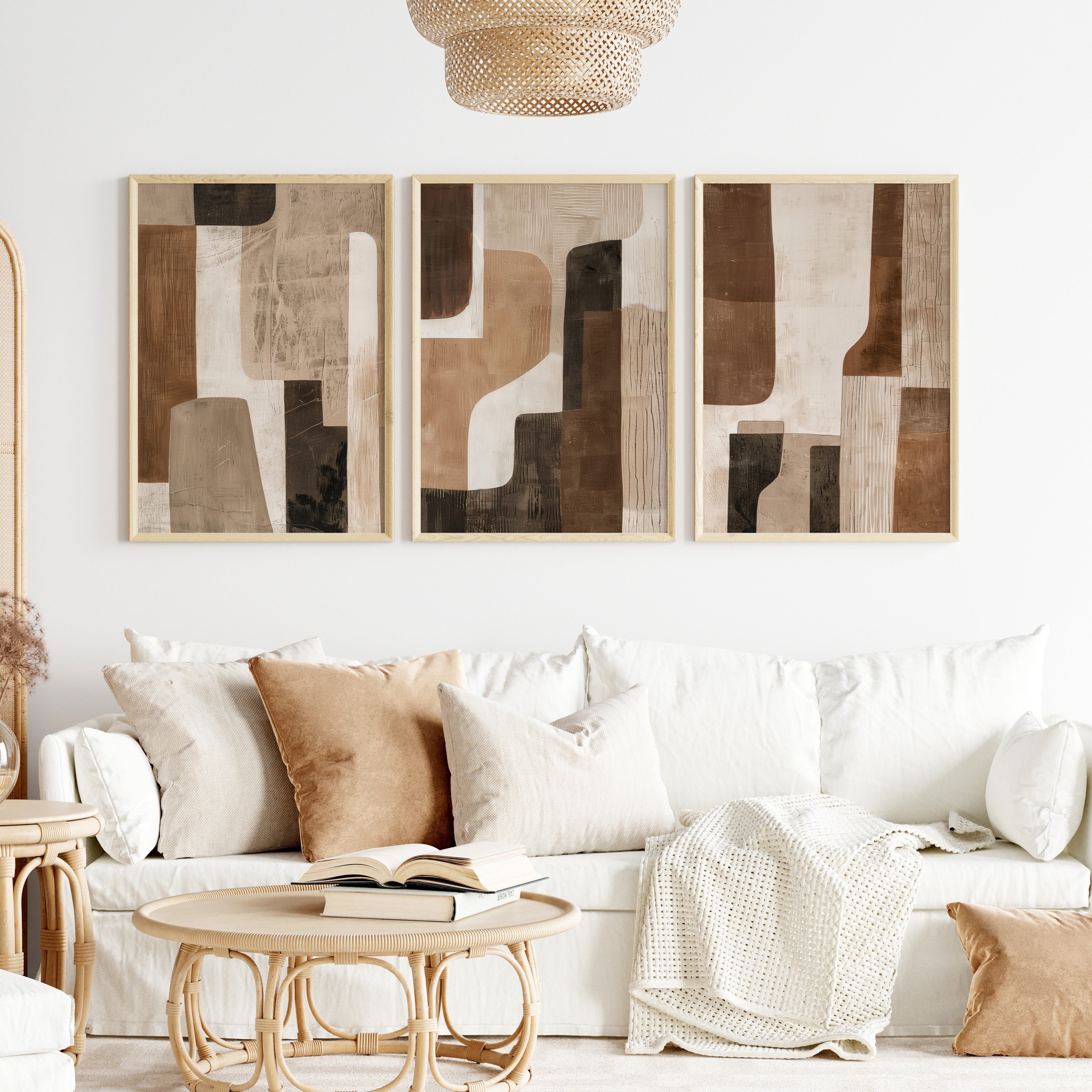 Set of 3 Neutral Abstract Wall Art Prints, Wood Brown and Beige Wall ...