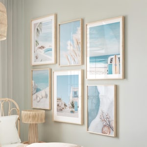 Coastal Wall Art Set of 6 Prints, Beach Digital Download Gallery, Ocean Palm Surf Van Seashells Minimal Boho Decor for Bedroom, Living Room