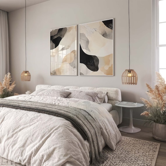 Set of 2 Prints, Black and Beige Wall Art, Abstract Poster Set, Bedroom Wall Art, Dining Room Art, Black and White Minimalist Contemporary