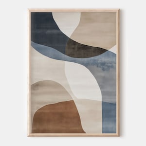 Pode incluir: Impress&atilde;o de arte abstrata com um design emoldurado que apresenta uma mistura de cores azuis, marrons e bege em um padr&atilde;o ondulado.
