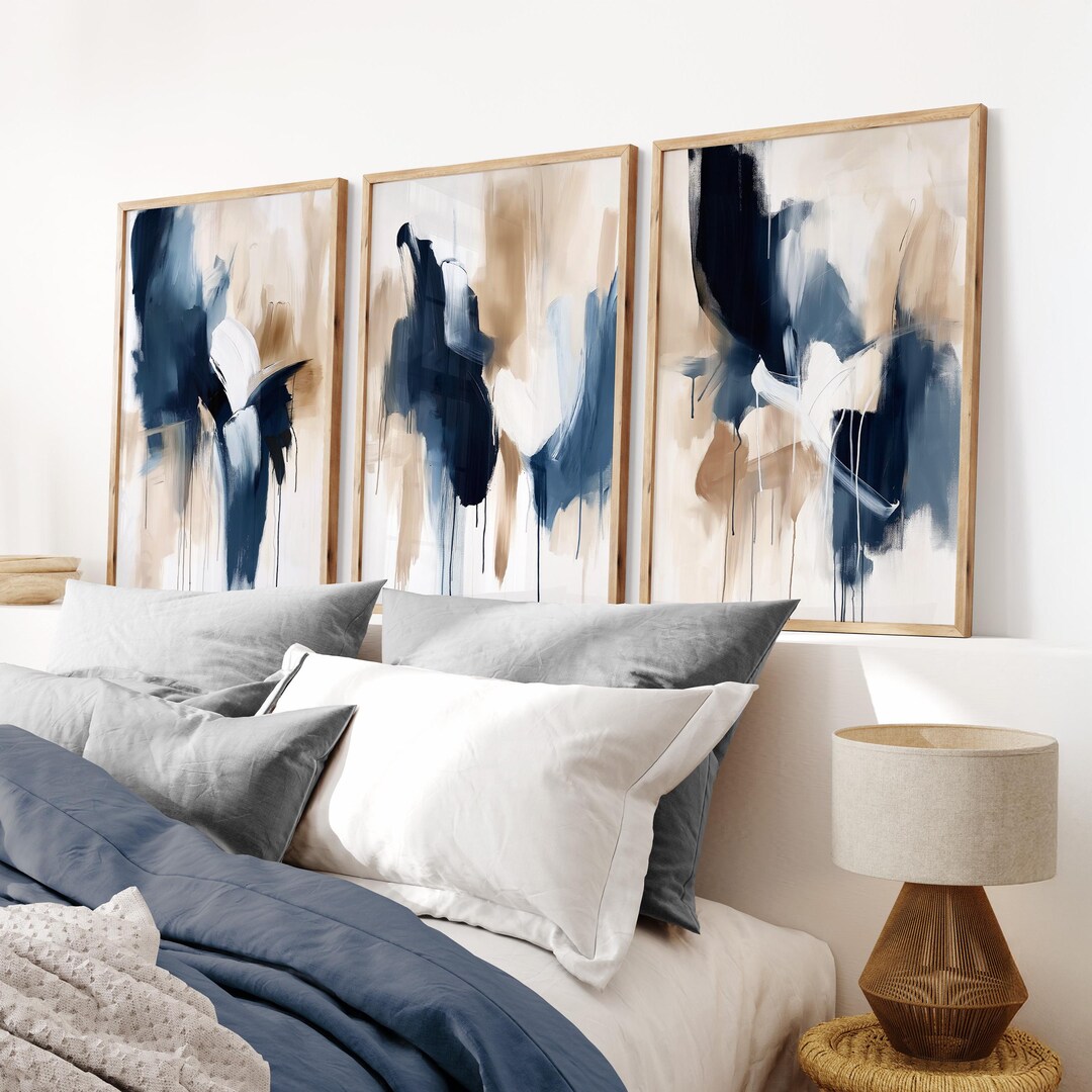 Navy Blue Wall Art Set of 3 | Modern Blue Abstract Prints | Minimalist ...