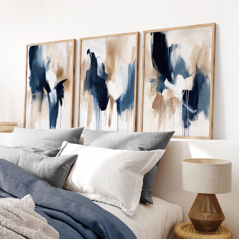 Navy Blue Wall Art Set of 3 | Modern Blue Abstract Prints | Minimalist ...