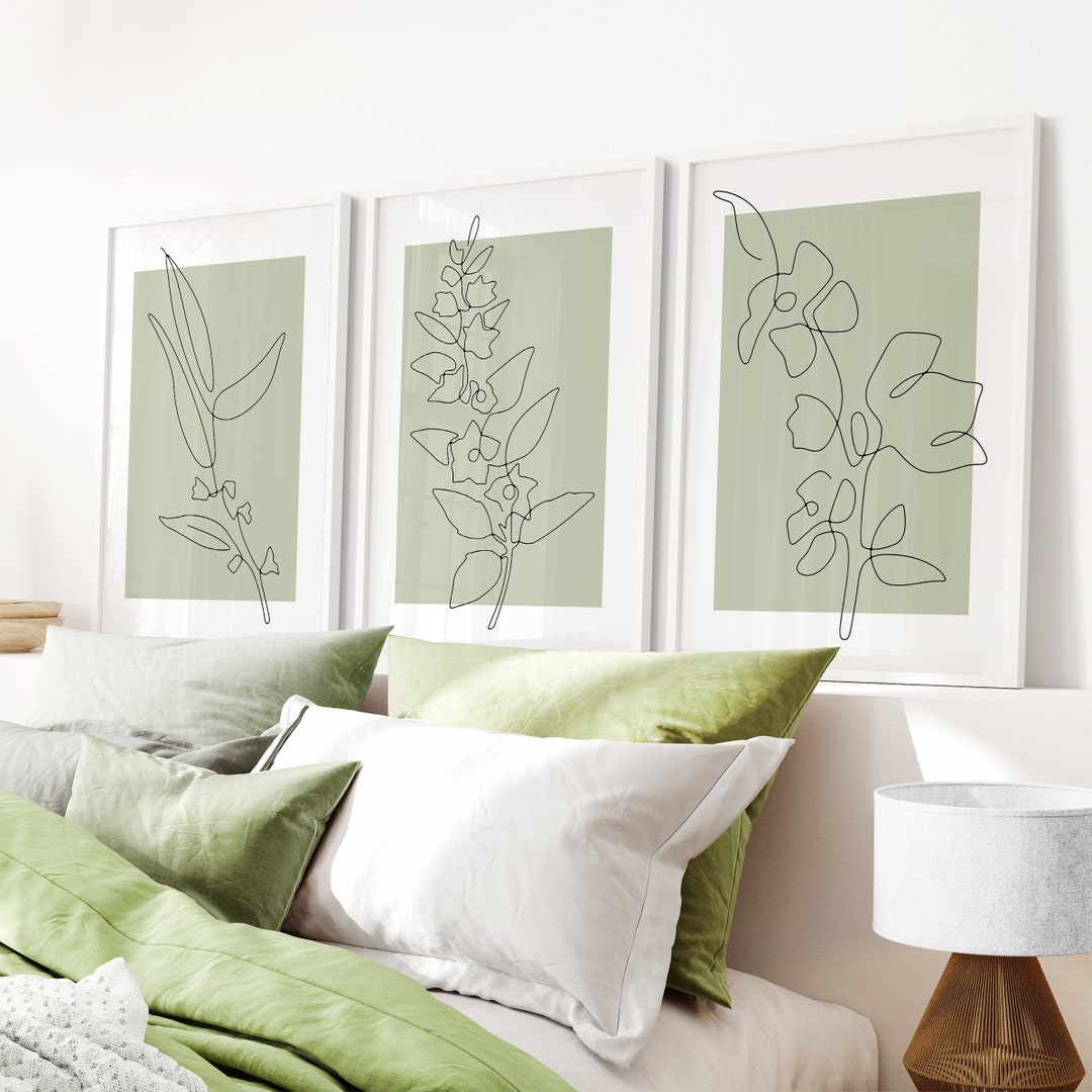 Sage Green Wall Art Set of 3 Prints, Line Art Print Flower, Neutral ...