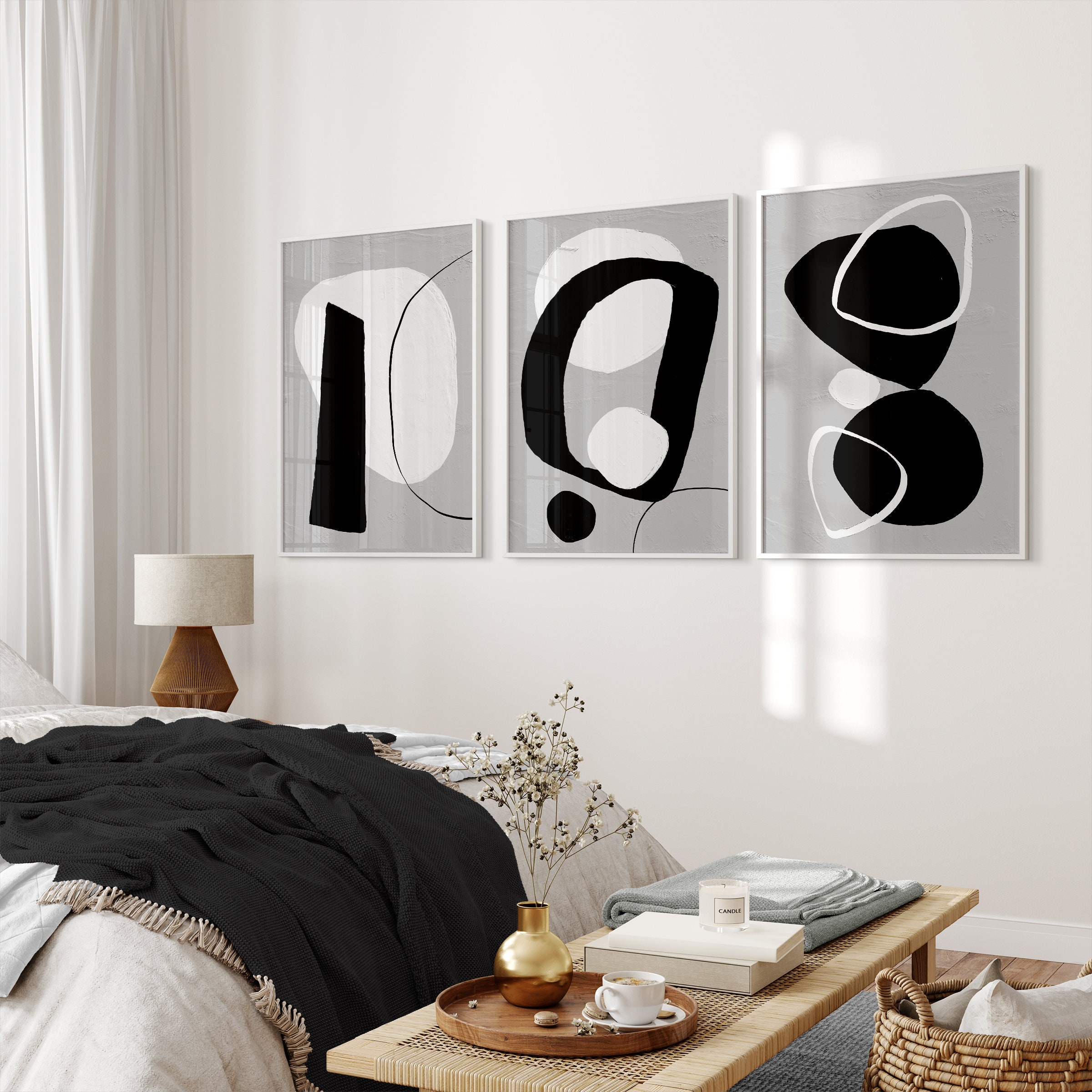 Neutral Wall Art, Grey Black Wall Art, Large Abstract Wall Art, 3 Piece