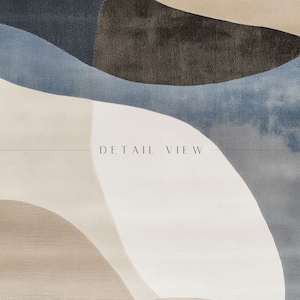 Pode incluir: Impress&atilde;o de arte abstrata com um design de formas sobrepostas em tons de azul, marrom e bege. A impress&atilde;o inclui o texto "DETAIL VIEW" no centro.