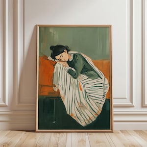 以下が含まれることがあります： ソファでストライプの毛布に寝ている人の絵。 ソファはオレンジ色で、毛布は白と緑色。 背景は緑色です。