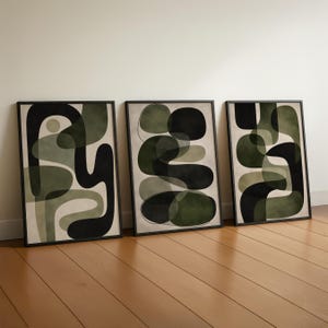 Japandi olijfgroene abstracte print set van 3, minimalistische geometrische muurkunst, saliegroen Wabi Sabi moderne afdrukbare digitale download