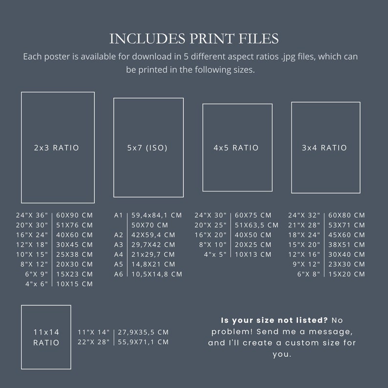 Puede incluir: Un gr&aacute;fico que muestra diferentes proporciones para carteles imprimibles, con medidas en pulgadas y cent&iacute;metros. El gr&aacute;fico incluye las siguientes proporciones: 2x3, 5x7 (ISO), 4x5 y 3x4. El gr&aacute;fico tambi&eacute;n incluye los siguientes tama&ntilde;os: 24x36, 20x30, 16x24, 12x18, 10x15, 8x12, 6x9, 4x6, 11x14 y 22x28. El gr&aacute;fico tambi&eacute;n incluye el siguiente texto: "INCLUDES PRINT FILES", "Cada p&oacute;ster est&aacute; disponible para descargar en 5 proporciones diferentes de archivos .jpg, que se pueden imprimir en los siguientes tama&ntilde;os.", "&iquest;Tu tama&ntilde;o no est&aacute; en la lista? &iexcl;No hay problema! Env&iacute;ame un mensaje, y crear&eacute; un tama&ntilde;o personalizado para ti."