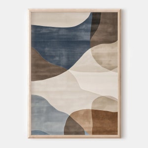Pode incluir: Impress&atilde;o de arte abstrata com fundo bege e formas sobrepostas em tons de azul, marrom e bege.