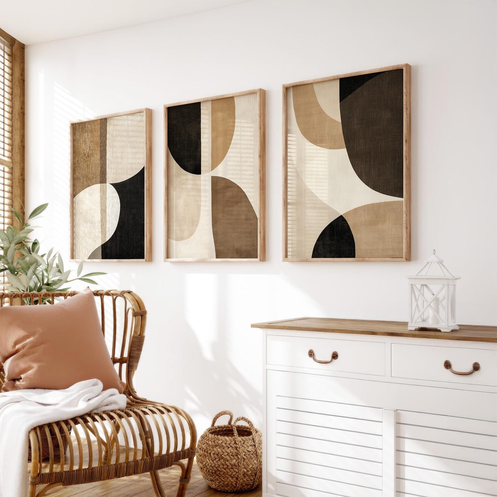 Set of 3 Neutral Abstract Wall Art Prints, Wood Brown and Beige Home ...