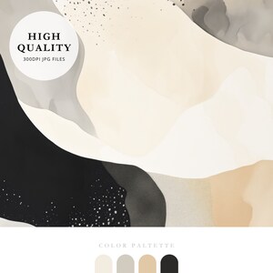 Op de afbeelding: Abstracte digitale kunstprint met een kleurenpalet van wit, grijs, beige en zwart. Het ontwerp bevat organische vormen en texturen, wat een moderne en minimalistische esthetiek cre&euml;ert.  "HIGH QUALITY 300DPI JPG FILES" staat in zwarte tekst op een witte cirkel.