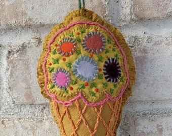 Ice Cream Cone Ornament, Christmas Decoration, Hand Stitched Hanging, Yellow Embroidered Bauble, Sprinkles Christmas Decor