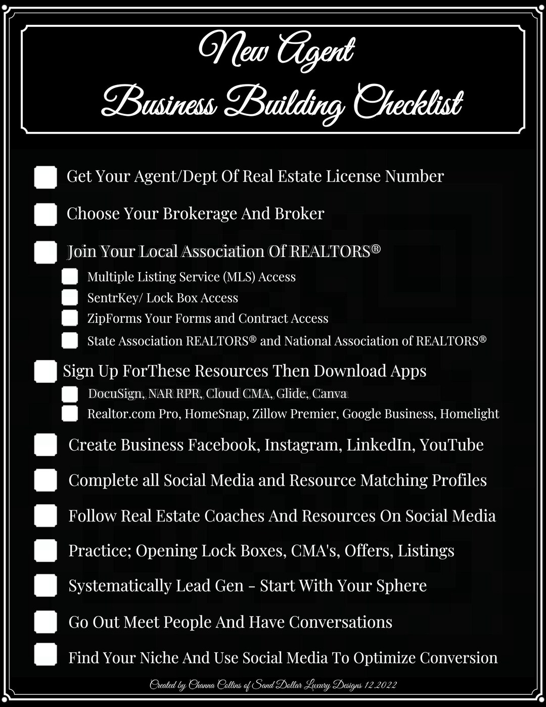 New Real Estate Agent Business Checklist Elegant Black & Etsy