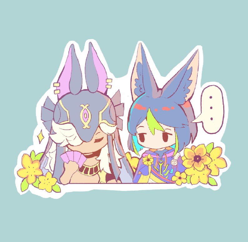 May include: A sticker featuring two anime-style characters with animal-like ears. One character wears a mask and holds a fan, while the other has a thought bubble. Yellow flowers and sparkles surround the characters.