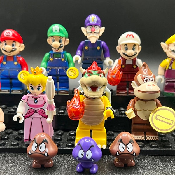 Juego de minifiguras de Super Mario Brothers (10 minifiguras, 3 goombas y accesorios)/Mario Bros/ ¡Excelente relleno de calcetines o calendario de Adviento!