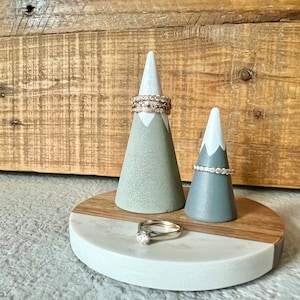 Mountain Display with Wood & Marble Stand, Ring Holders, Rocky Mountain Decor, His and Hers Gift, Anniversary Present