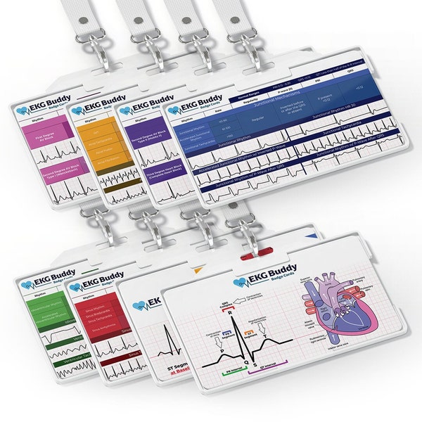 EKG Buddy Badge 4 Card Set - Doubled Sided ECG Interpretation Guide for ACLS Medical Cardiac Reference and Nursing Student Gift Accessories