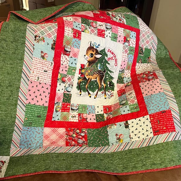 Christmas Baby Rudolph quilt, measures 42 x 46, vintage looking fabrics,