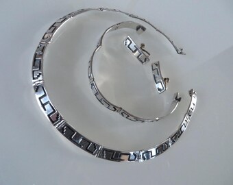 Taxco Mexico 925 sterling silver and black enamel set signed &quot;ATA&quot; classic geometric Maze Link design