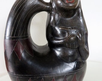 Oaxaca Black Pottery Mermaid sculpture with harp. Mexico Art.