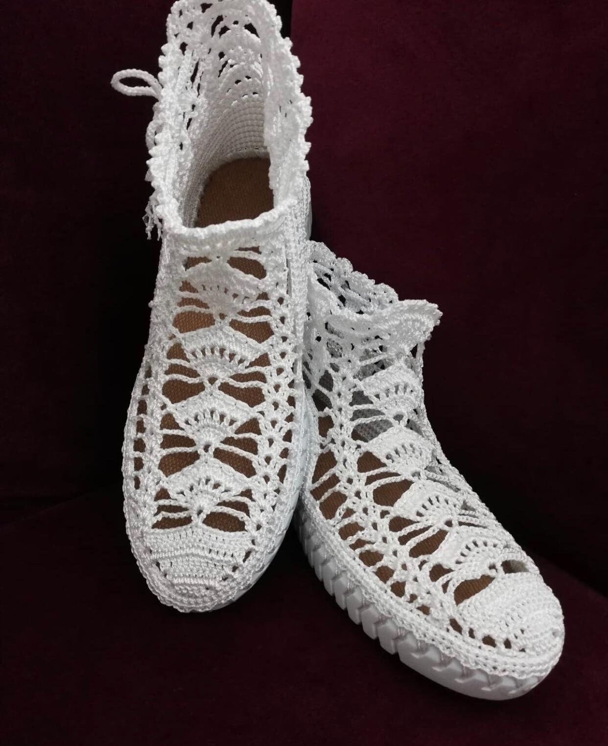 Handmade Crocheted Personalized White Shoes Daily Shoes Bridal Shoes