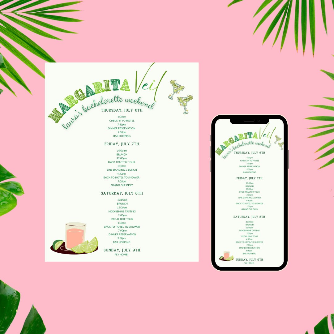 Margarita Travel Itinerary Template | Editable Party Invitation ...