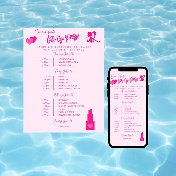 Barbie Bachelorette Itinerary Template | Bachelorette Party Invitation | Digital Itinerary Template | Instant Download Itinerary Template
