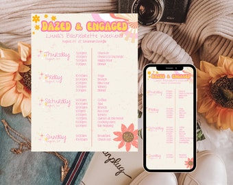 May include: A pink and white printable itinerary for a bachelorette weekend in Savannah, Georgia. The itinerary includes activities for each day of the weekend, including yoga, brunch, a bike tour, a winery visit, dinner, a spa, a bus tour, games at the hotel, a cooking class, bar hopping, breakfast, and check out. The itinerary is decorated with pink and white flowers and stars.