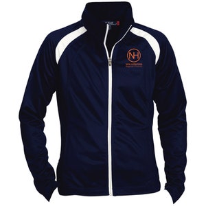 May include: Navy blue athletic jacket with white accents and a zipper closure. The jacket has an embroidered logo on the chest that says "NH NEW HORIZONS Baptist Church".
