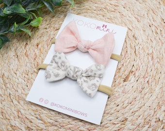 Newborn Baby Knot Bow Set | Soft Knot Mini Headband Hair Bows | Baby Gift | Leopard & Baby Pink