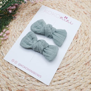 Knotted Pigtail Hair Clips | Toddler Girls Hair Accessories | Sage Bubble Gauze Fabric Bows