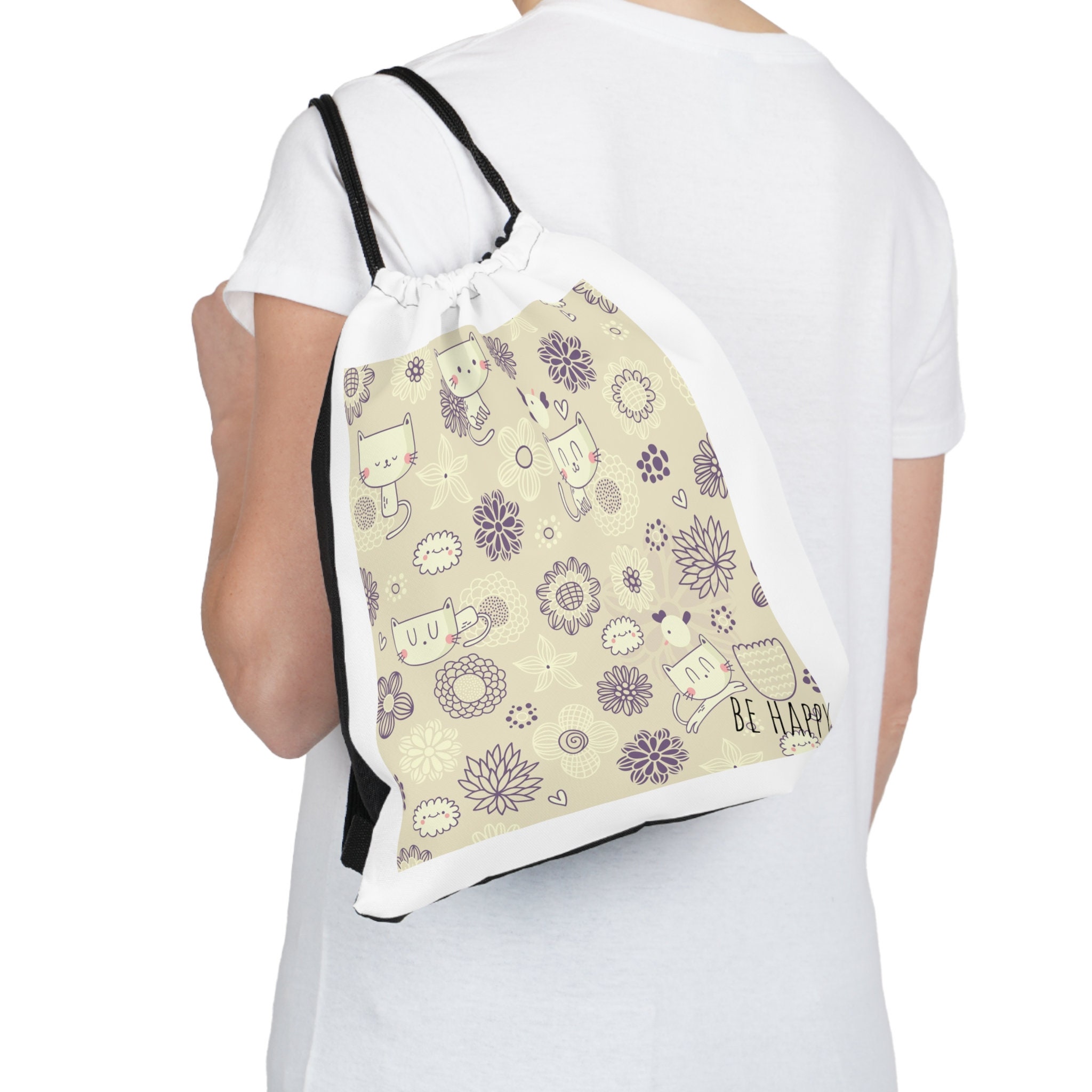 Discover Cheerful Feline Friends Design Outdoor Drawstring Bag