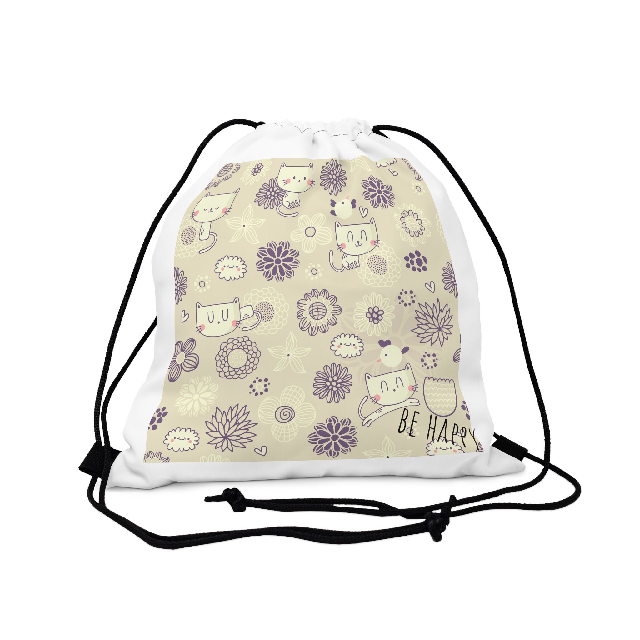 Discover Cheerful Feline Friends Design Outdoor Drawstring Bag