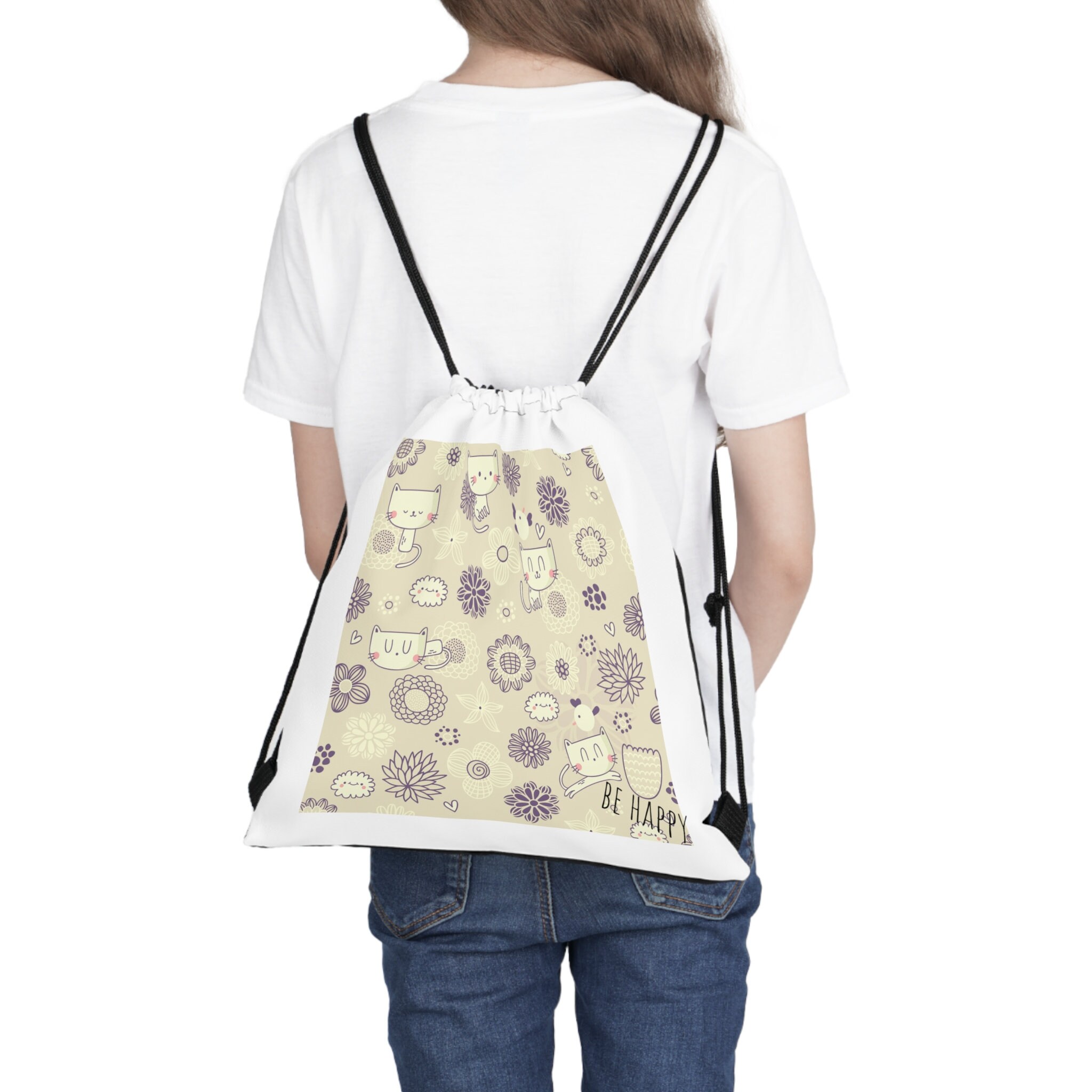 Discover Cheerful Feline Friends Design Outdoor Drawstring Bag