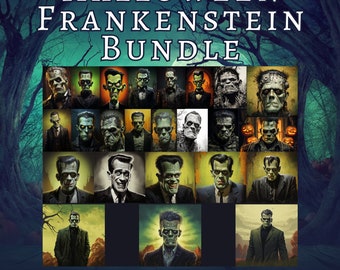 PRINTABLE Halloween 24 Bundle Prints Collection, Halloween Gallery Wall Art, Vintage Halloween Printable Wall Art, Frankenstein print images