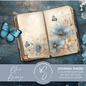 Blue Breeze Journal Pages for Shabby Chic Butterfly Papers, Floral Junk Journal Kit,  Printable Paper Ephemera, 2025, B41