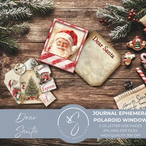 May include: A festive Christmas-themed journal ephemera set. The image features a Polaroid-style photo of Santa Claus, a letter that says "Dear Santa", and various decorative elements like tags, gifts, and candy canes, all arranged on a wooden surface.