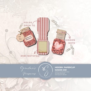 May include: A printable paper craft set featuring mason jar designs with red and white gingham patterns. The set includes a folded mini notepad, a jar with a 'Grandma's Preserves' tag, and a jar with a 'Made With Love' heart and hidden note.