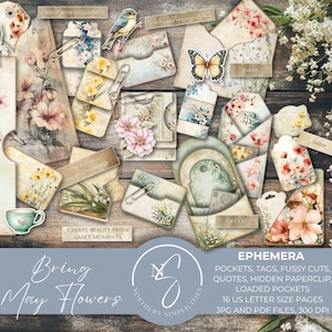 Bring May Flowers Ephemera-kit met lente-aquarelbloemen, verborgen paperclips, gevulde zakken, tags, voor vintage pagina's, B32, 2025