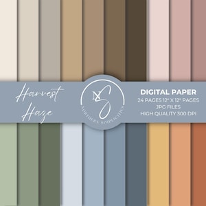 May include: A collection of digital paper sheets in various neutral colors, including beige, brown, and muted greens. The text "Harvest Haze" is displayed across the top, with details about the digital paper, including the size of 12" x 12" pages.